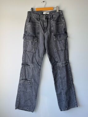 Straight Leg Cargo Jeans in Washed Black